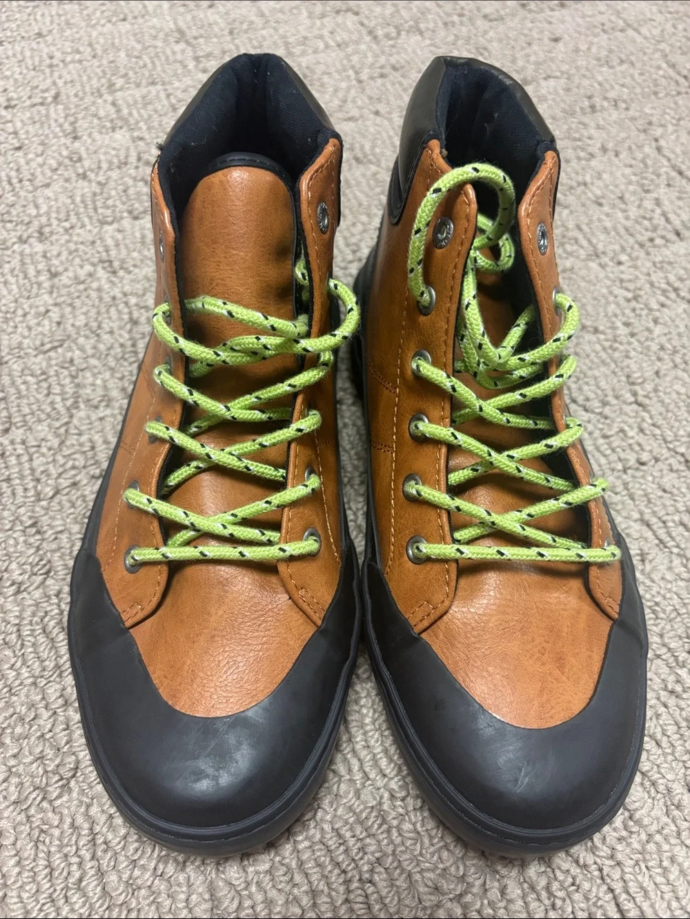 Boys Brown Leather High-Top Casual Boots with Green Laces